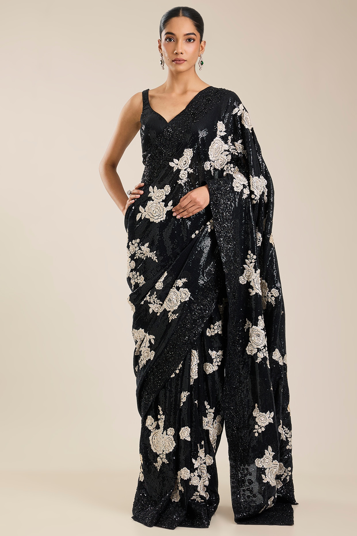 Seema Gujral Black Georgette Printed Saree Set