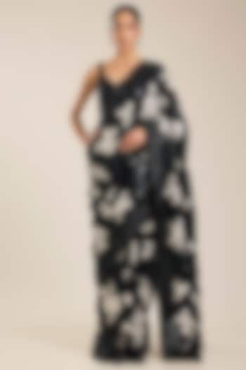 Black Georgette Printed Bridal Saree Set by Seema Gujral at Pernia's Pop Up Shop