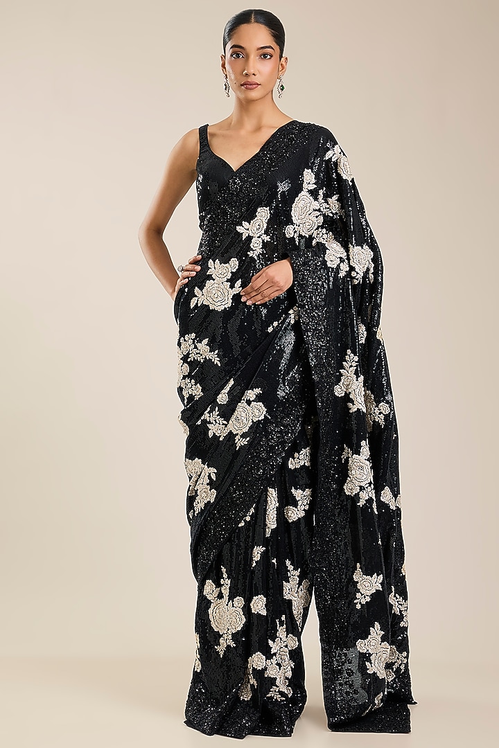 Black Georgette Printed Bridal Saree Set by Seema Gujral at Pernia's Pop Up Shop