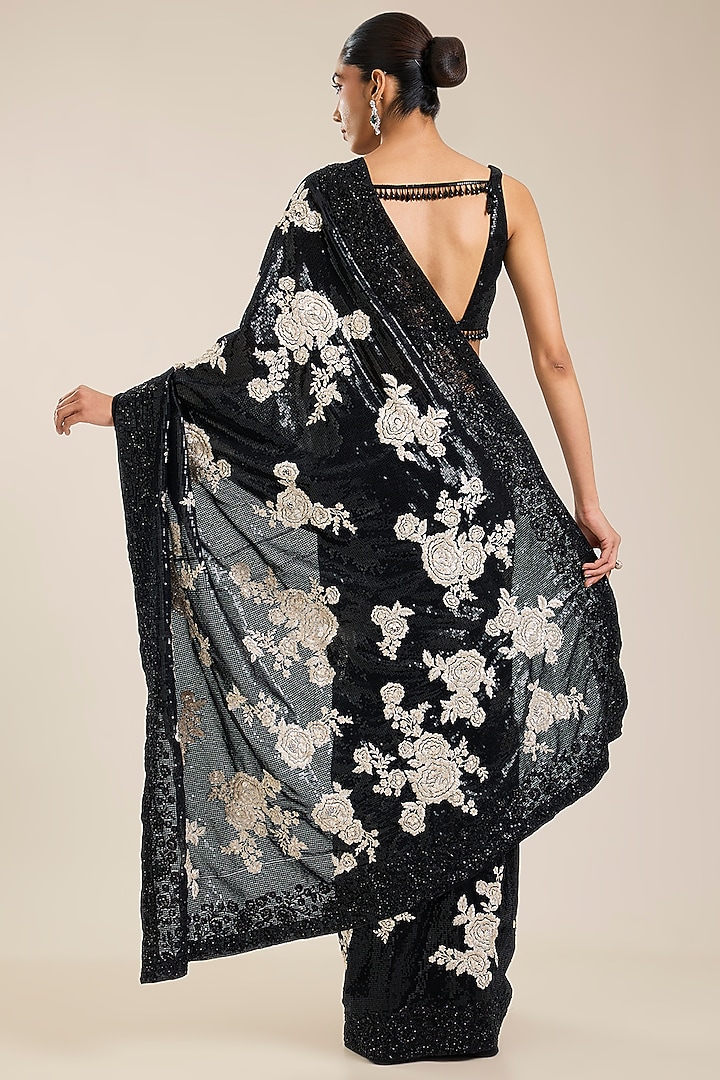 Black Georgette Printed Bridal Saree Set by Seema Gujral at Pernia's Pop Up Shop