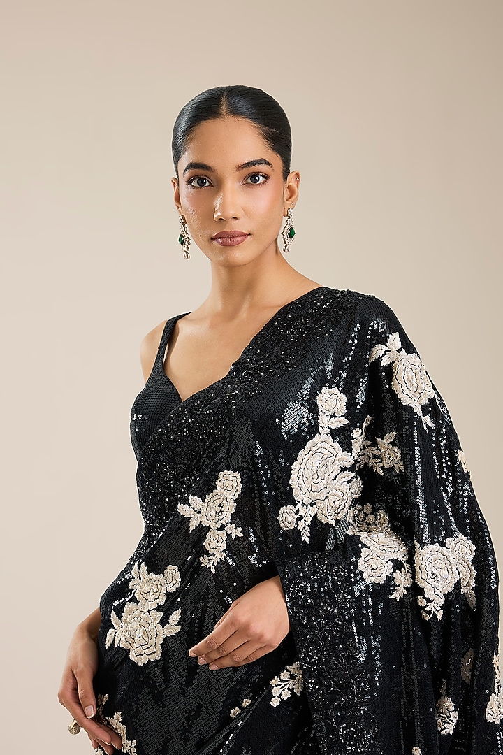 Black Georgette Printed Bridal Saree Set by Seema Gujral at Pernia's Pop Up Shop