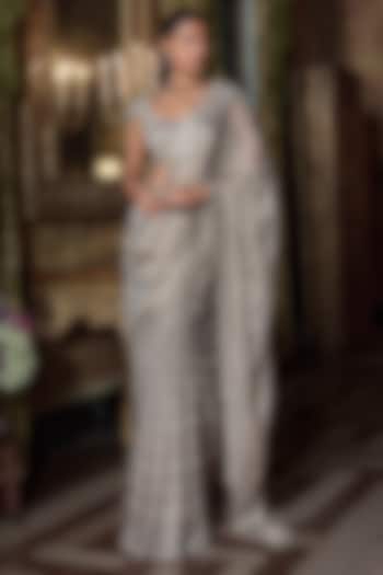 Champagne Tissue Organza Crystal Embellished Bridal Saree Set by Seema Gujral at Pernia's Pop Up Shop