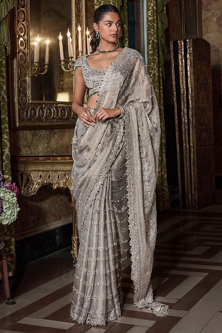 Champagne Tissue Organza Crystal Embellished Bridal Saree Set by Seema Gujral at Pernia's Pop Up Shop