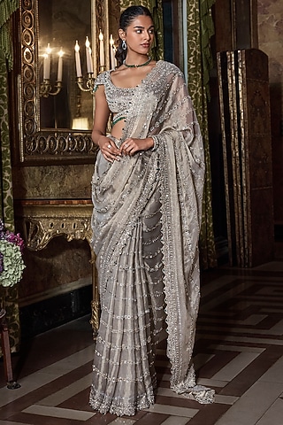 Champagne Tissue Organza Crystal Embellished Saree Set by Seema Gujral