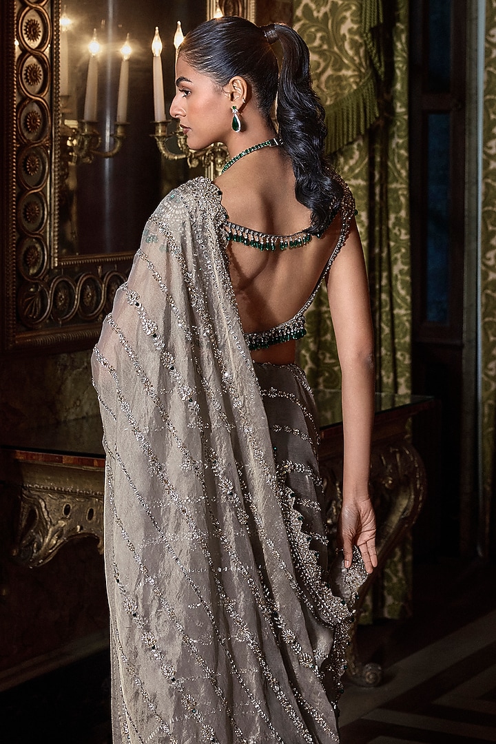 Champagne Tissue Organza Crystal Embellished Bridal Saree Set by Seema Gujral at Pernia's Pop Up Shop