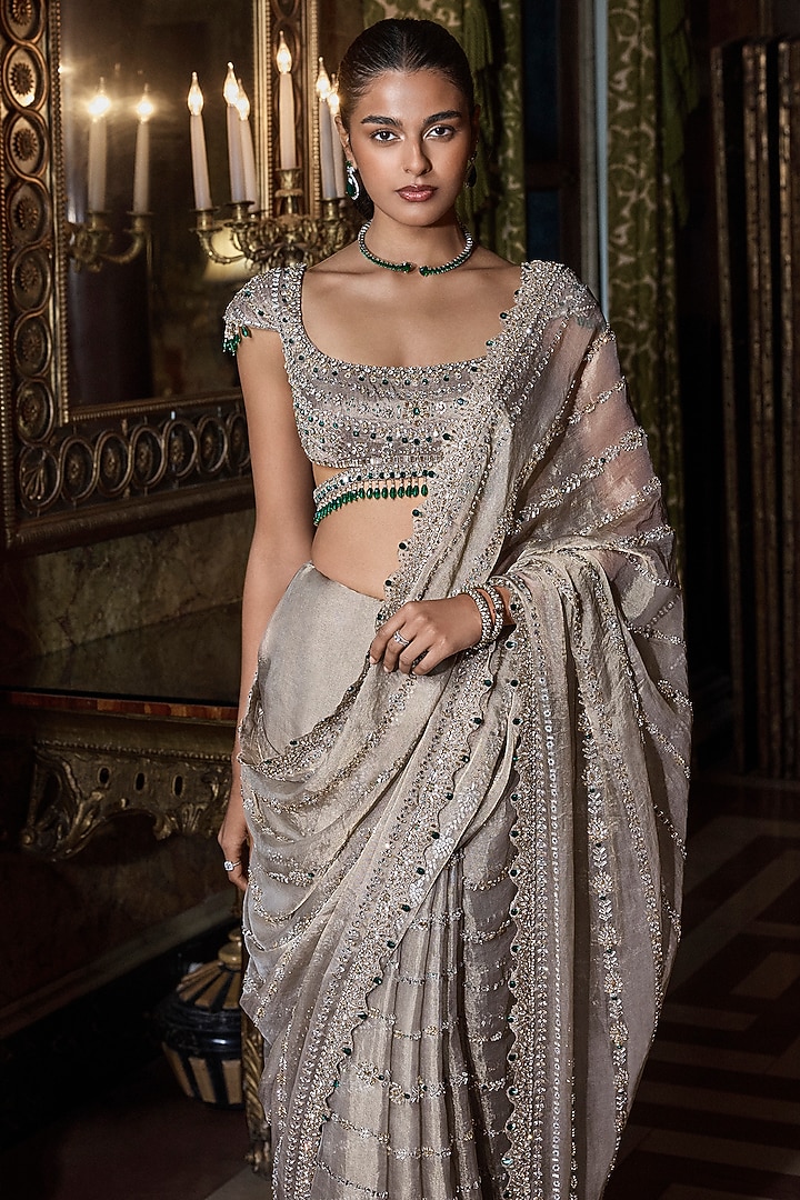 Champagne Tissue Organza Crystal Embellished Bridal Saree Set by Seema Gujral at Pernia's Pop Up Shop