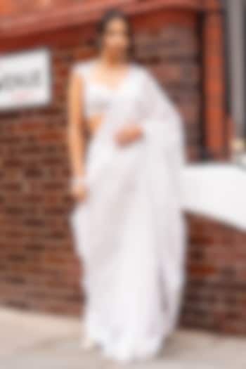 Ivory Net Bead & Pearl Embellished Bridal Saree Set by Seema Gujral at Pernia's Pop Up Shop