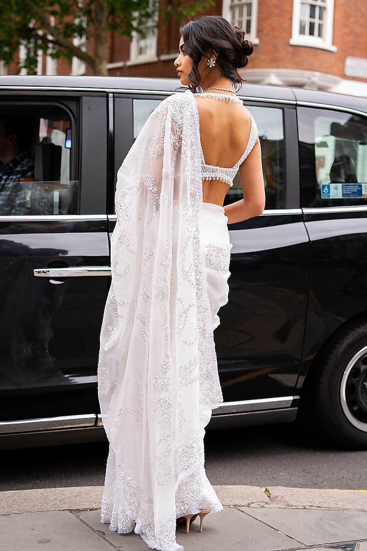 Ivory Net Bead & Pearl Embellished Bridal Saree Set by Seema Gujral at Pernia's Pop Up Shop