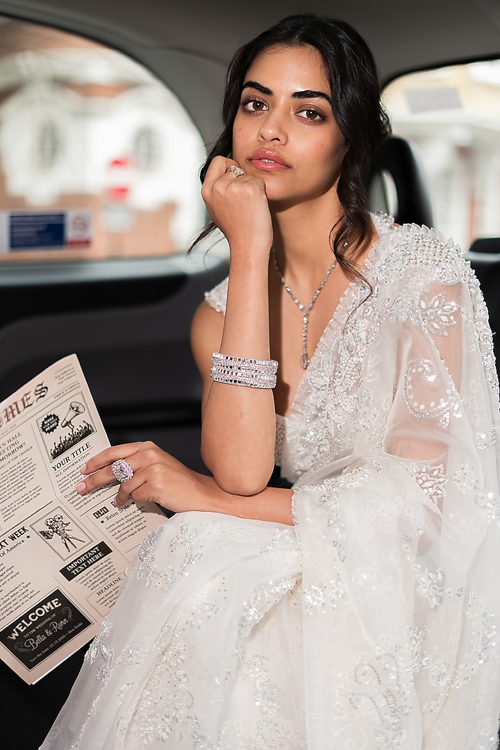 Ivory Net Bead & Pearl Embellished Bridal Saree Set by Seema Gujral at Pernia's Pop Up Shop