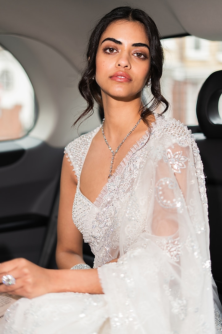 Ivory Net Bead & Pearl Embellished Bridal Saree Set by Seema Gujral at Pernia's Pop Up Shop