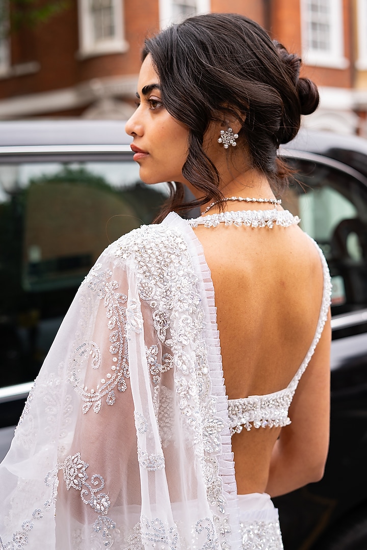 Ivory Net Bead & Pearl Embellished Bridal Saree Set by Seema Gujral at Pernia's Pop Up Shop