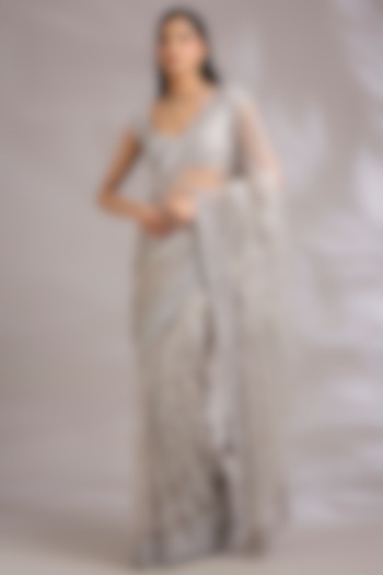 Silver Grey Net Embroidered Bridal Saree Set by Seema Gujral at Pernia's Pop Up Shop
