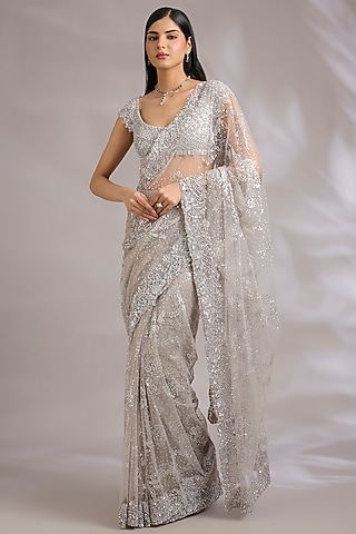 Silver Grey Net Embroidered Saree Set by Seema Gujral