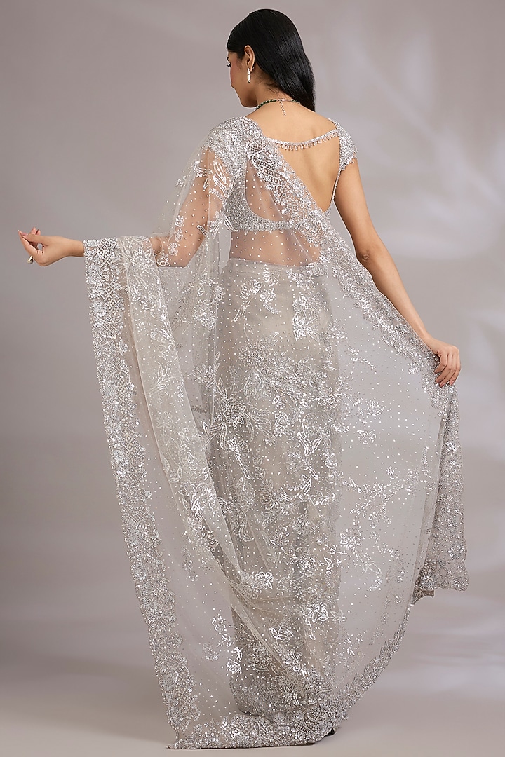 Silver Grey Net Embroidered Bridal Saree Set by Seema Gujral at Pernia's Pop Up Shop
