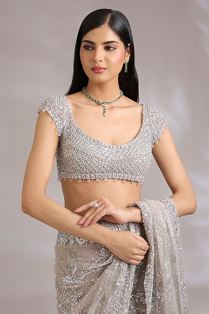 Silver Grey Net Embroidered Bridal Saree Set by Seema Gujral at Pernia's Pop Up Shop