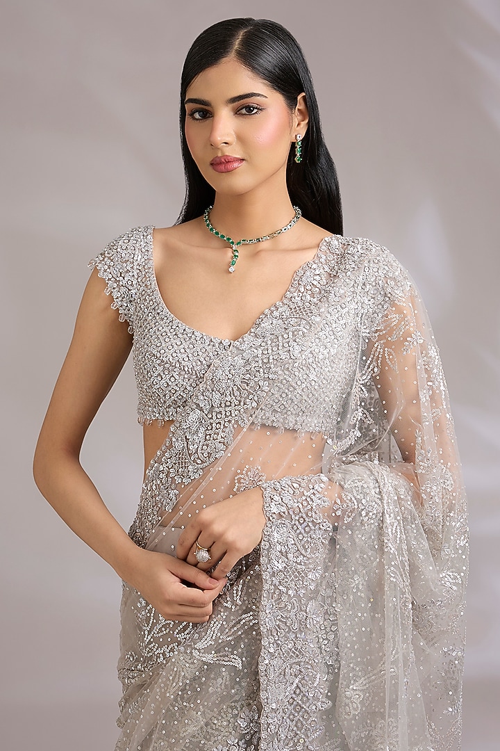 Silver Grey Net Embroidered Bridal Saree Set by Seema Gujral at Pernia's Pop Up Shop