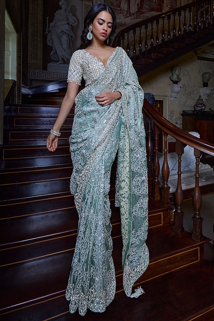 Ivory & Sage Green Tissue Organza Zardosi Embellished Bridal Saree Set by Seema Gujral at Pernia's Pop Up Shop
