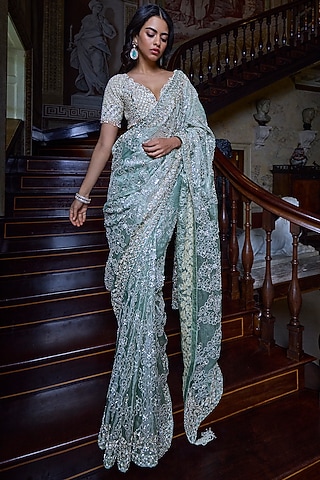Ivory & Sage Green Tissue Organza Zardosi Embellished Saree Set by Seema Gujral