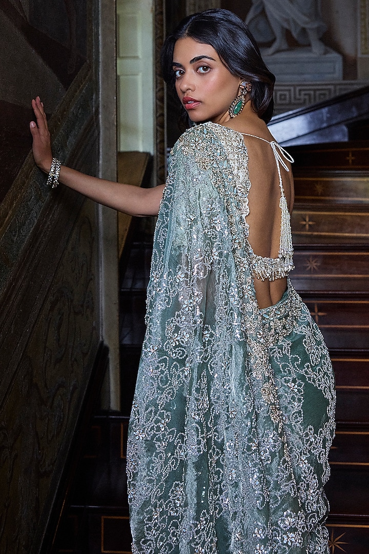Ivory & Sage Green Tissue Organza Zardosi Embellished Bridal Saree Set by Seema Gujral at Pernia's Pop Up Shop