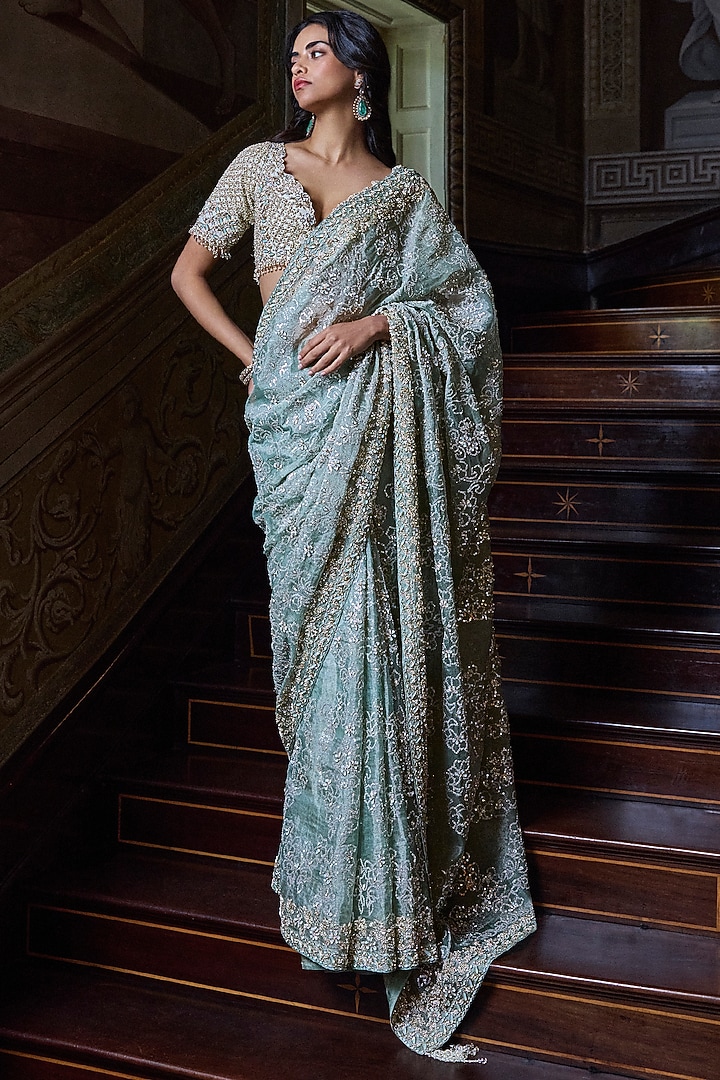Ivory & Sage Green Tissue Organza Zardosi Embellished Bridal Saree Set by Seema Gujral at Pernia's Pop Up Shop