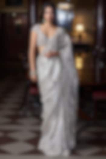 Champagne Tissue Organza Crystal Embellished Bridal Saree Set by Seema Gujral at Pernia's Pop Up Shop