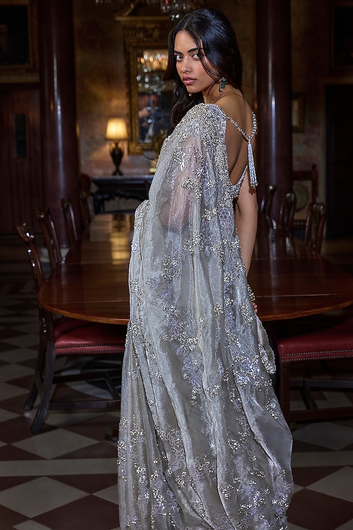 Champagne Tissue Organza Crystal Embellished Bridal Saree Set by Seema Gujral at Pernia's Pop Up Shop
