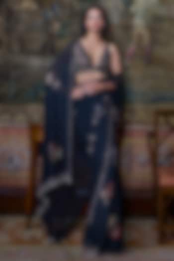 Black Georgette Crystal Embroidered Reception Saree Set by Seema Gujral at Pernia's Pop Up Shop