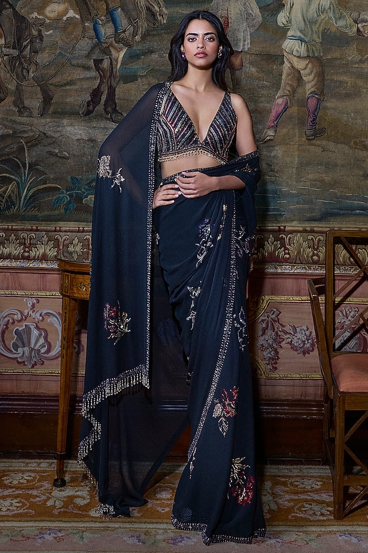 Black Georgette Crystal Embroidered Reception Saree Set by Seema Gujral at Pernia's Pop Up Shop
