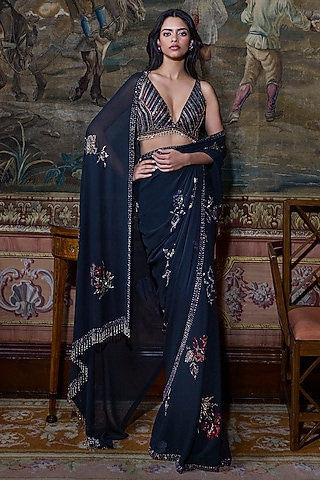 Black Georgette Crystal Embroidered Saree Set by Seema Gujral