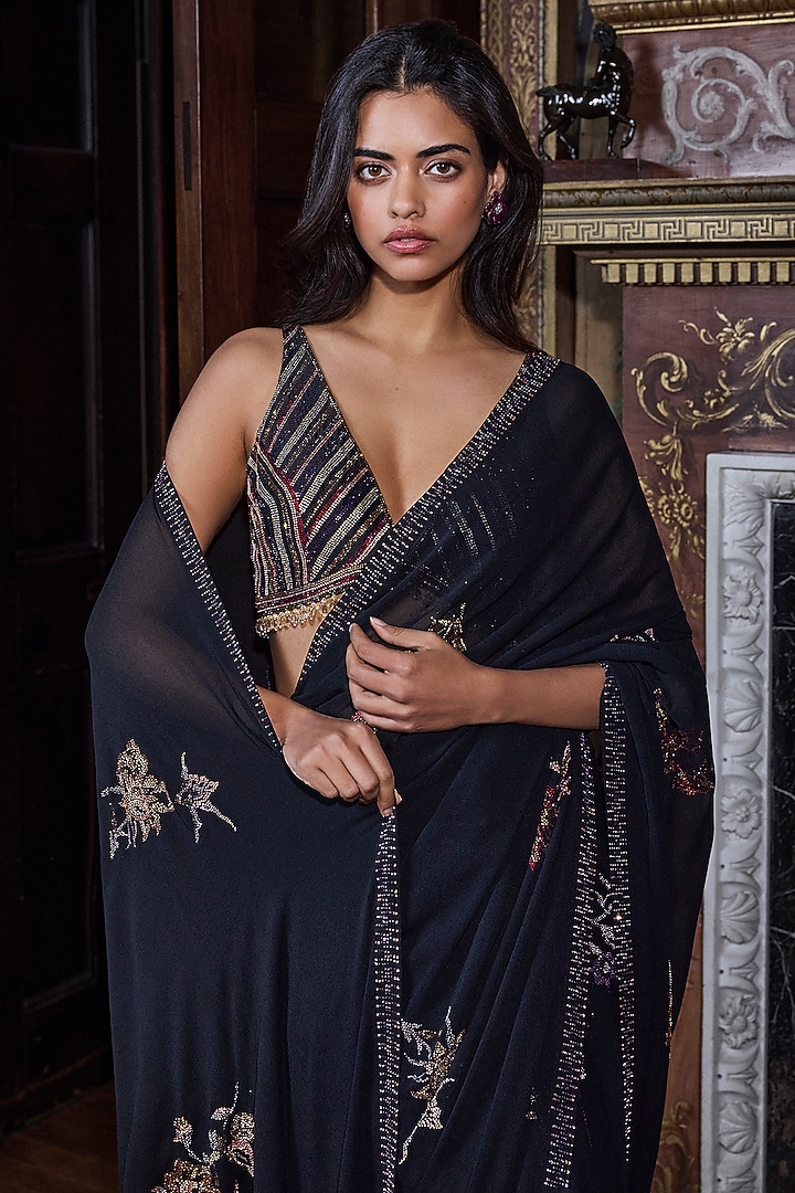 Black Georgette Crystal Embroidered Reception Saree Set by Seema Gujral at Pernia's Pop Up Shop