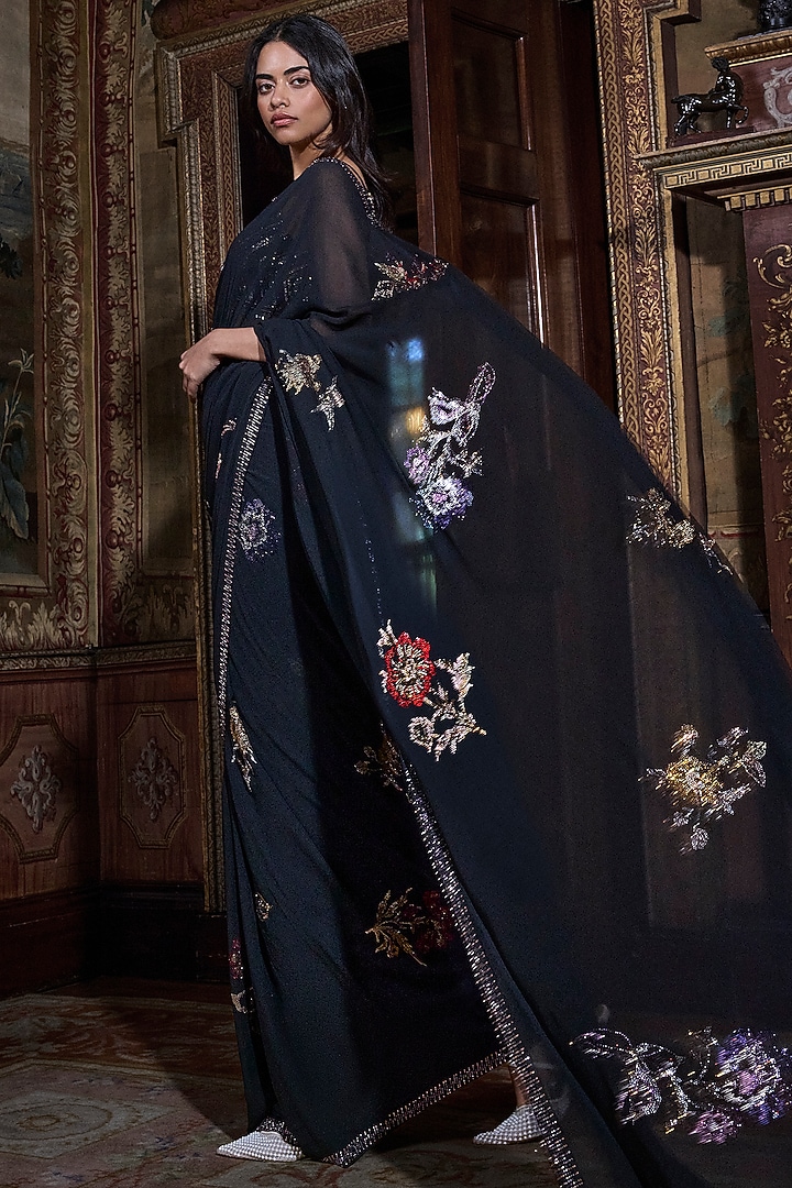 Black Georgette Crystal Embroidered Reception Saree Set by Seema Gujral at Pernia's Pop Up Shop