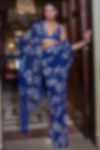Midnight Blue Georgette Crystal Embroidered Bridal Saree Set by Seema Gujral at Pernia's Pop Up Shop