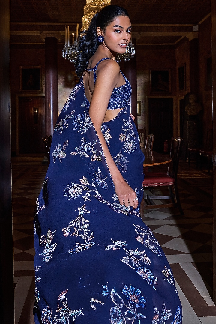 Midnight Blue Georgette Crystal Embroidered Bridal Saree Set by Seema Gujral at Pernia's Pop Up Shop