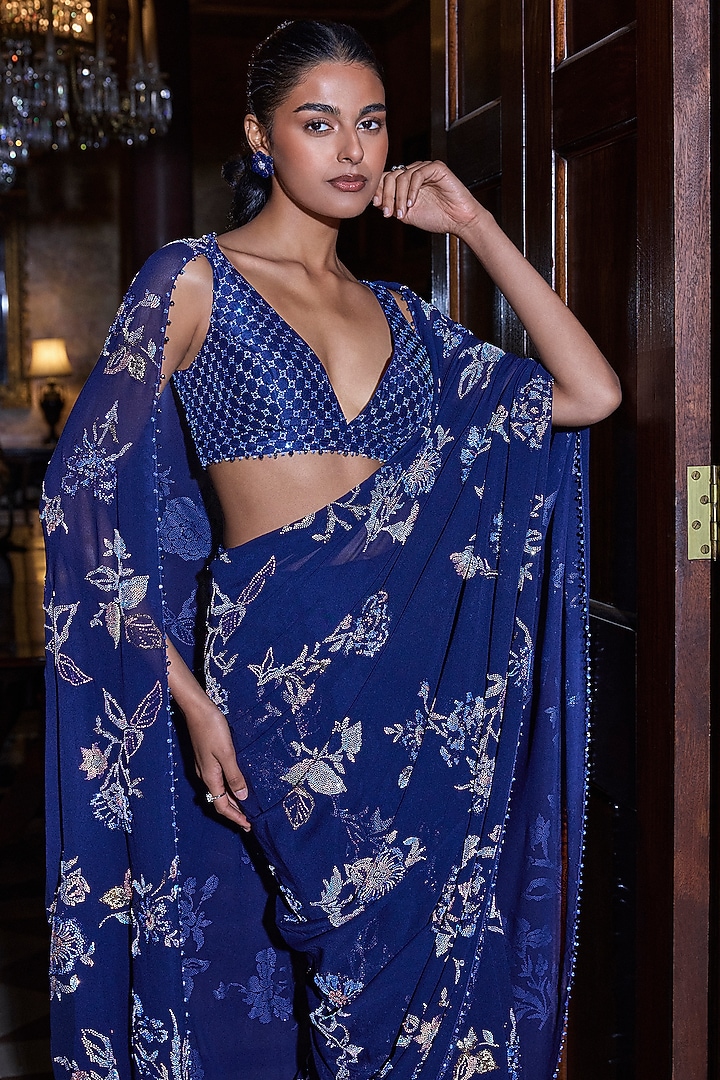 Midnight Blue Georgette Crystal Embroidered Bridal Saree Set by Seema Gujral at Pernia's Pop Up Shop
