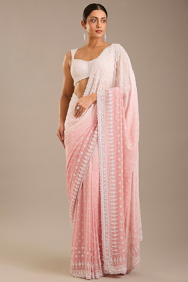 Peach Ombre Georgette Bridal Saree Set by Seema Gujral at Pernia's Pop Up Shop
