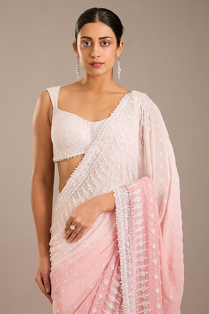 Peach Ombre Georgette Bridal Saree Set by Seema Gujral at Pernia's Pop Up Shop