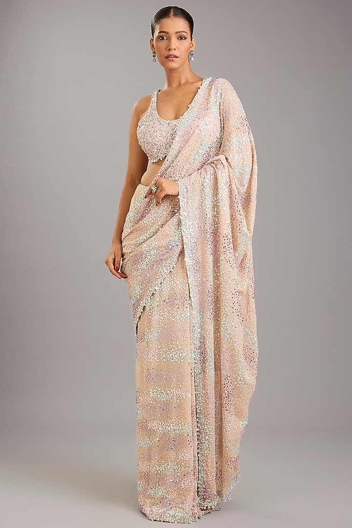 Beige Georgette Reception Saree Set by Seema Gujral at Pernia's Pop Up Shop