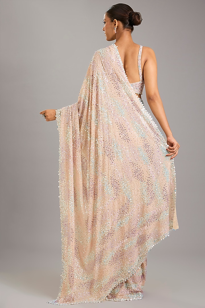Beige Georgette Reception Saree Set by Seema Gujral at Pernia's Pop Up Shop