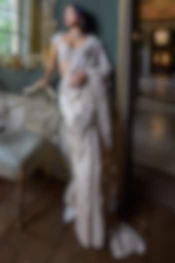 Beige Georgette Mirror Embroidered Bridal Saree Set by Seema Gujral at Pernia's Pop Up Shop