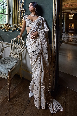 Beige Georgette Mirror Embroidered Saree Set by Seema Gujral