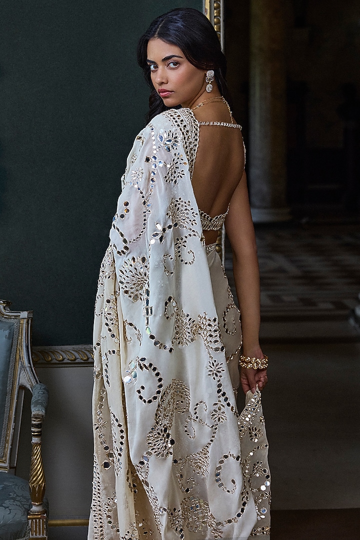 Beige Georgette Mirror Embroidered Bridal Saree Set by Seema Gujral at Pernia's Pop Up Shop