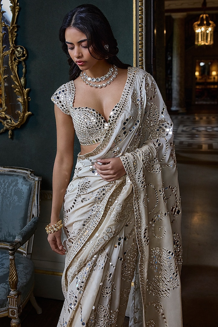 Beige Georgette Mirror Embroidered Bridal Saree Set by Seema Gujral at Pernia's Pop Up Shop