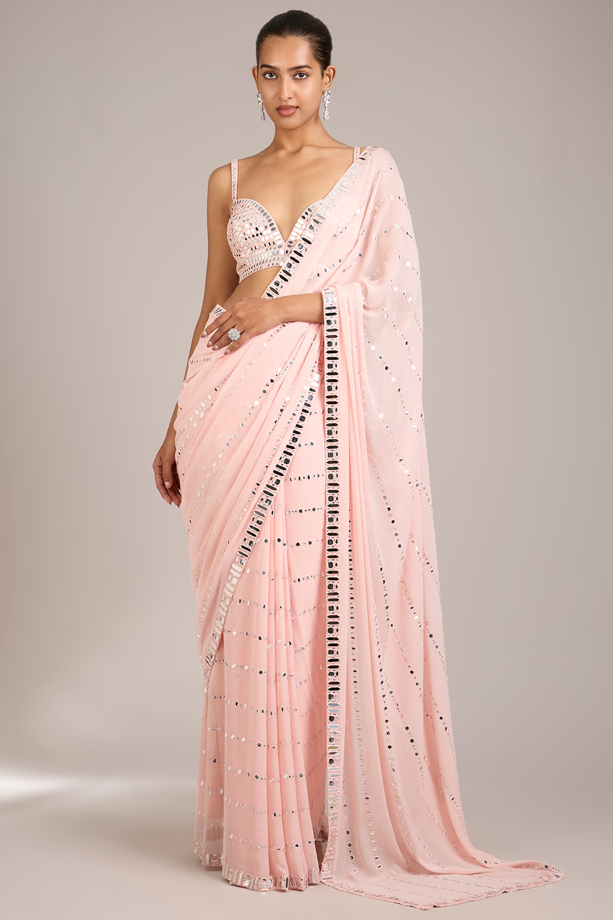Seema Gujral Blush Peach Georgette Mirror Embellished Saree Set