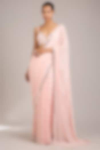 Blush Peach Georgette Mirror Embellished Reception Saree Set by Seema Gujral at Pernia's Pop Up Shop