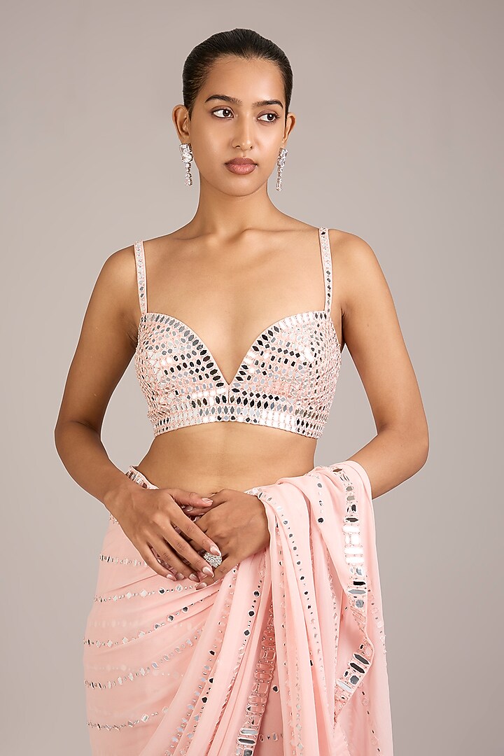Blush Peach Georgette Mirror Embellished Reception Saree Set by Seema Gujral at Pernia's Pop Up Shop