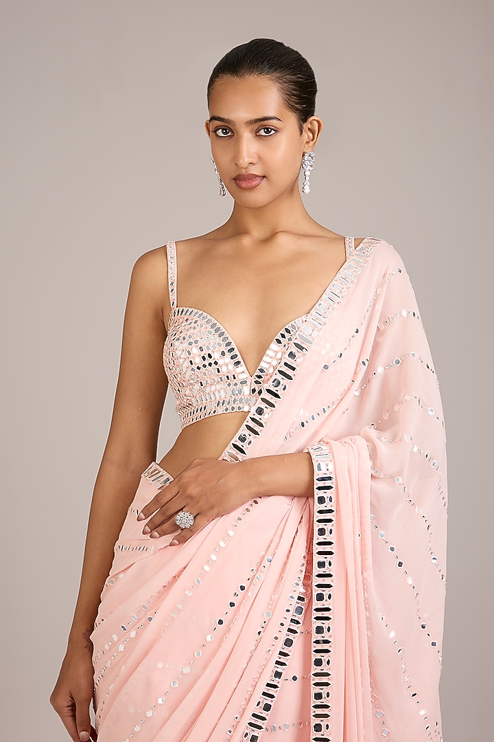 Blush Peach Georgette Mirror Embellished Reception Saree Set by Seema Gujral at Pernia's Pop Up Shop
