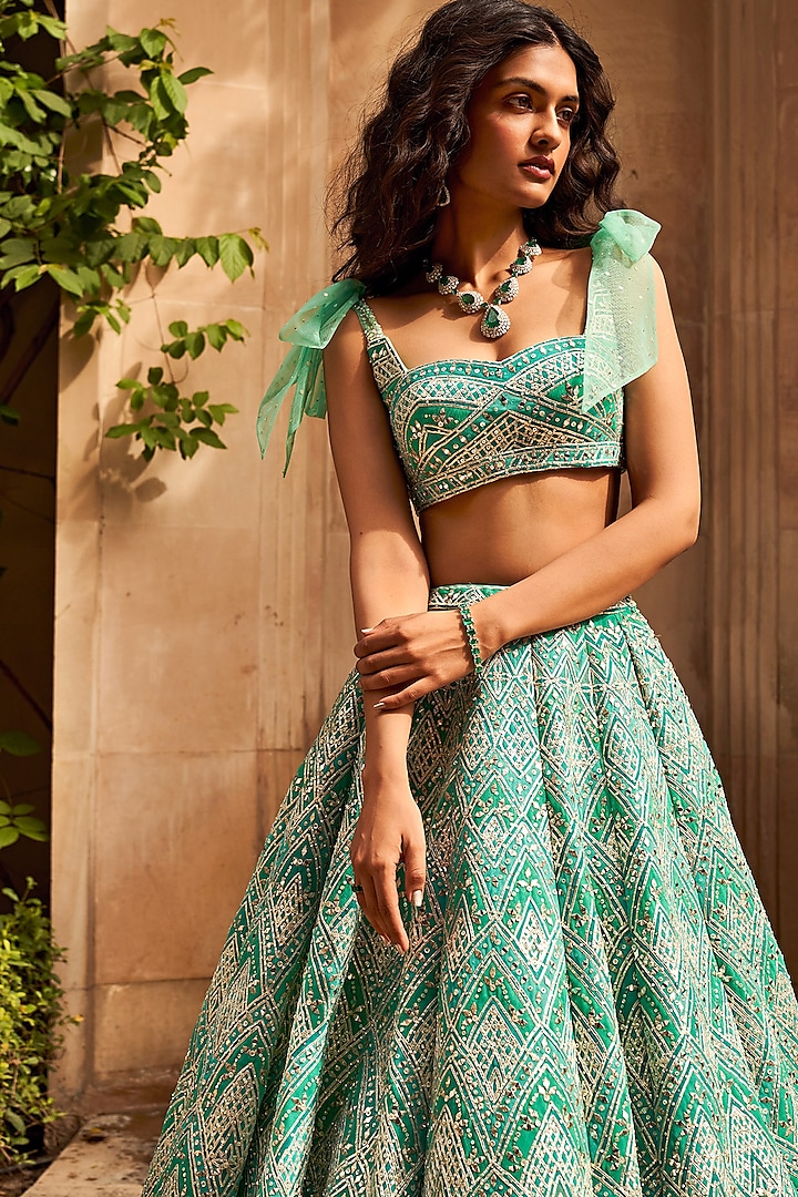 Green Multi-Layered Bridal Lehenga Set by Seema Gujral at Pernia's Pop Up  Shop