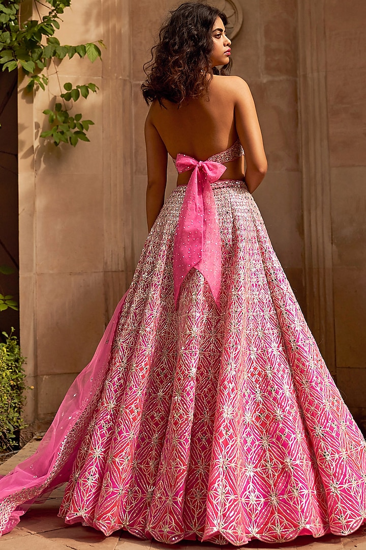 Pink Multi Layered Bridal Lehenga Set by Seema Gujral at Pernia's Pop Up Shop