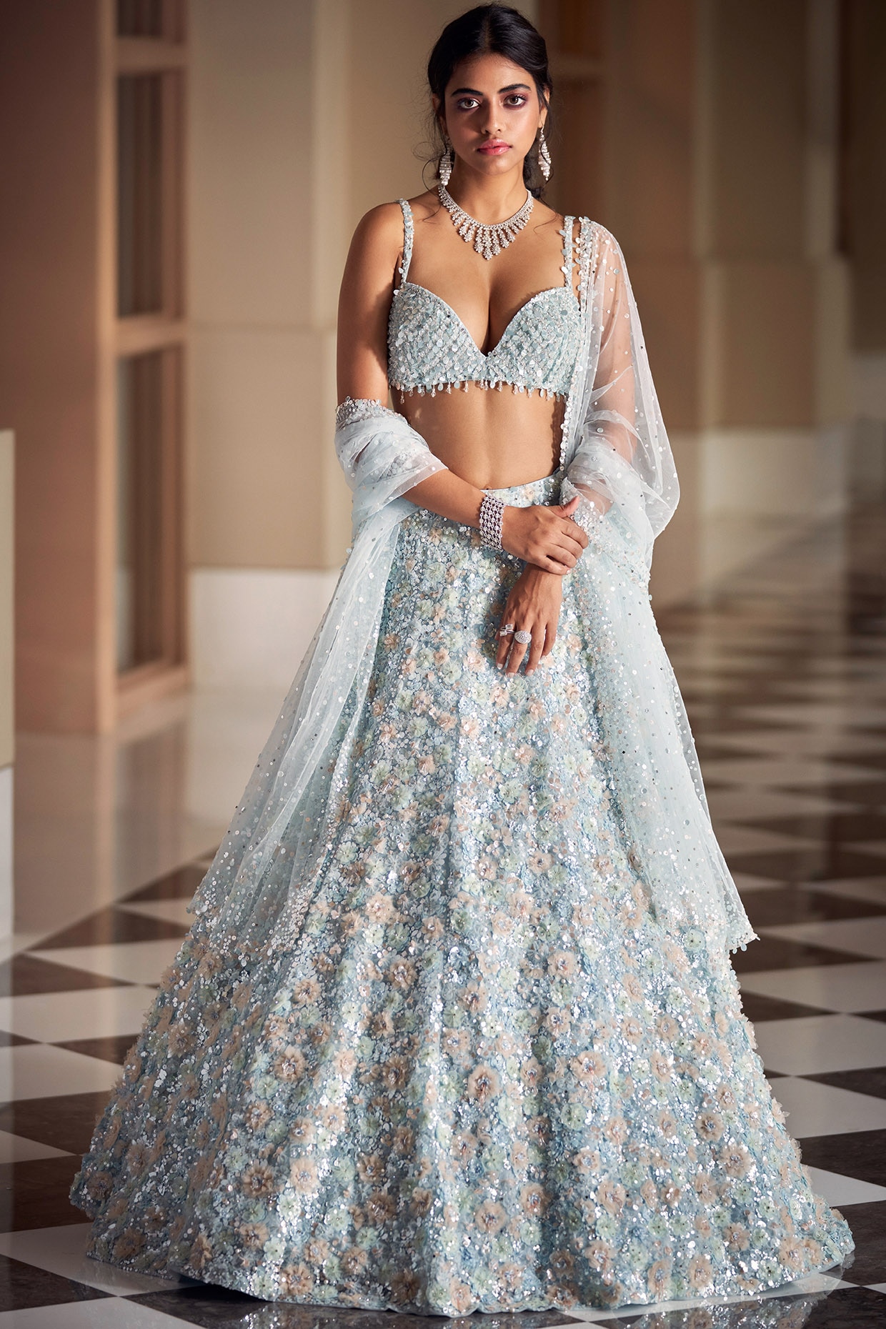 Light fashion blue bridal lehenga