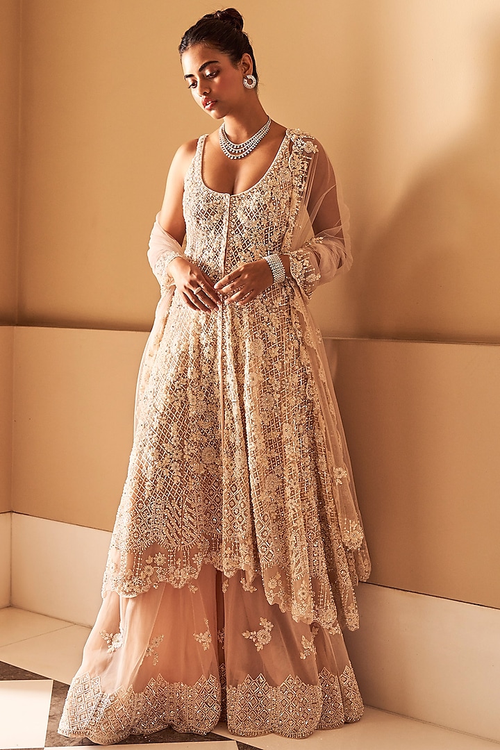 Nude Embroidered Sharara Set by Seema Gujral